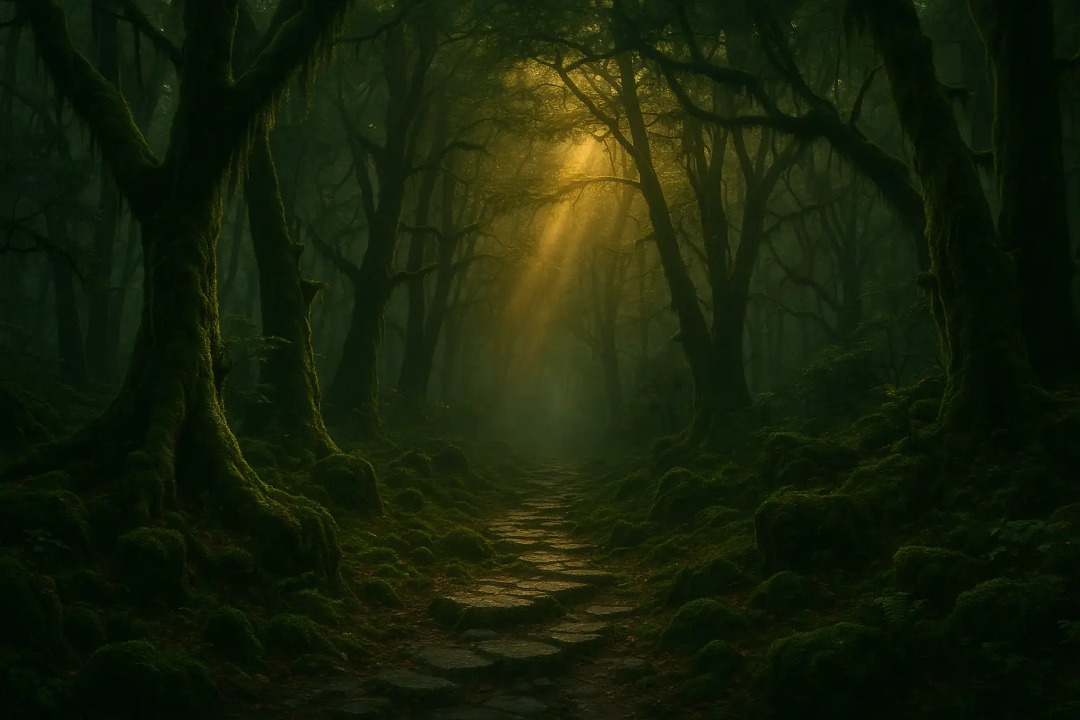 Paesaggio forestale atmosferico al crepuscolo